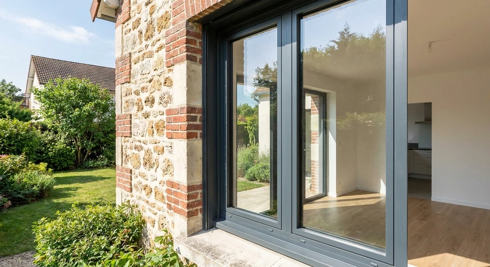 Gros plan photographique d'une fenêtre de rénovation moderne en aluminium ou PVC, présentant un double vitrage visible et contemporain, installée sur une façade résidentielle. La fenêtre doit être nette et bien exposée, montrant les profilés de qualité et la transparence du vitrage. La scène contextuelle (intérieur/extérieur du logement) doit être claire et professionnelle, sans texte ni logo visible.