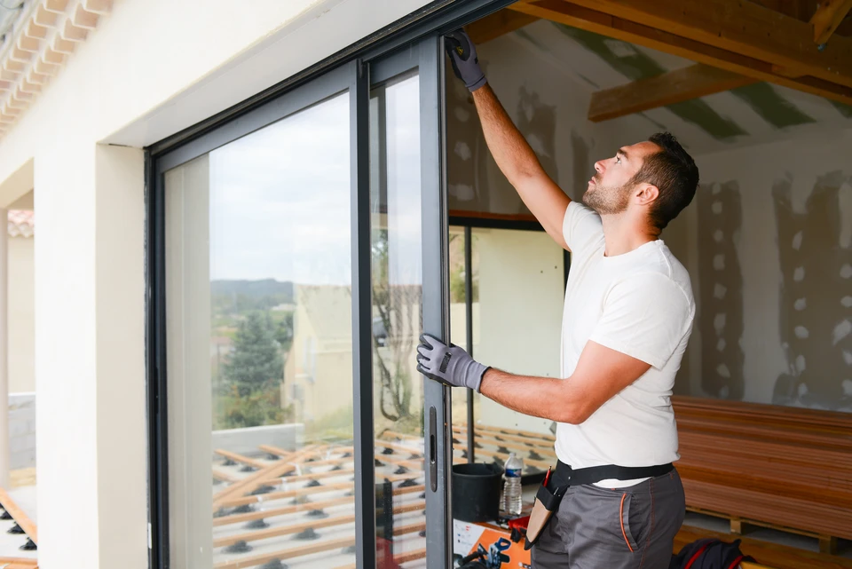 Un ouvrier installe une porte-fenêtre coulissante à châssis anthracite dans une maison en rénovation