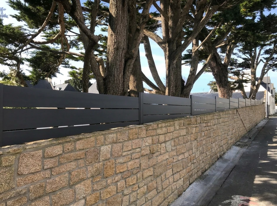 Clôture aluminium lames horizontales anthracite RAL 7016, montée sur muret en granite appareillé