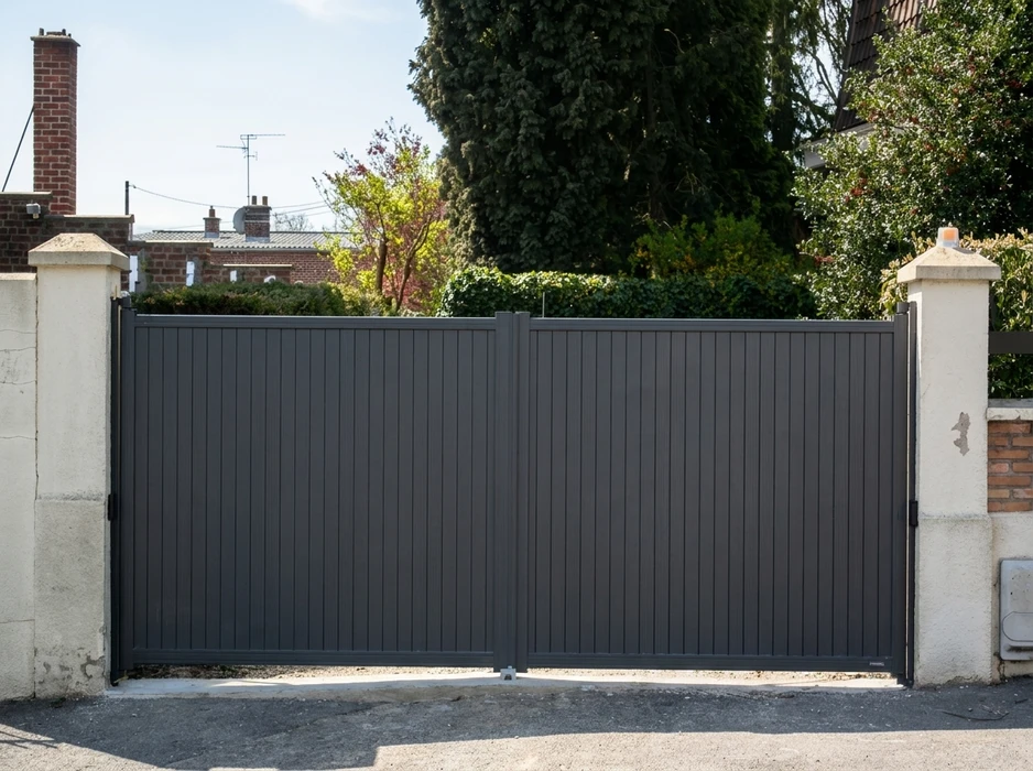 Portail double vantaux en aluminium laqué gris anthracite (RAL 7016), à lames verticales pleines jointives, monté sur piliers en pierre reconstituée avec chaperon