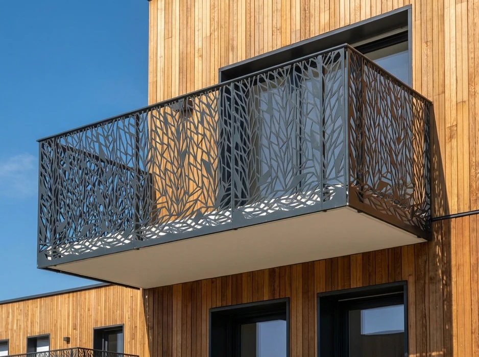 Balcon extérieur en saillie, façade habillée de bardage bois vertical ton naturel