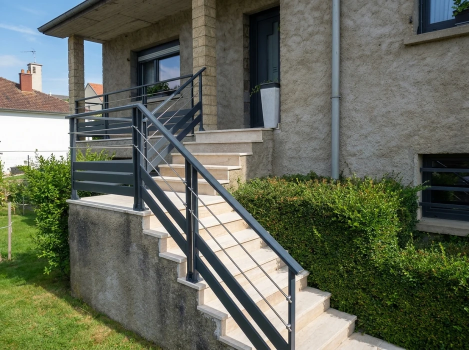 Escalier extérieur en pierre calcaire beige, 6 marches, donnant accès à un perron surélevé